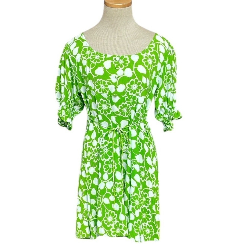 Faithfull the Brand Floral Green Dress Summer Puff Sleeve Size Medium